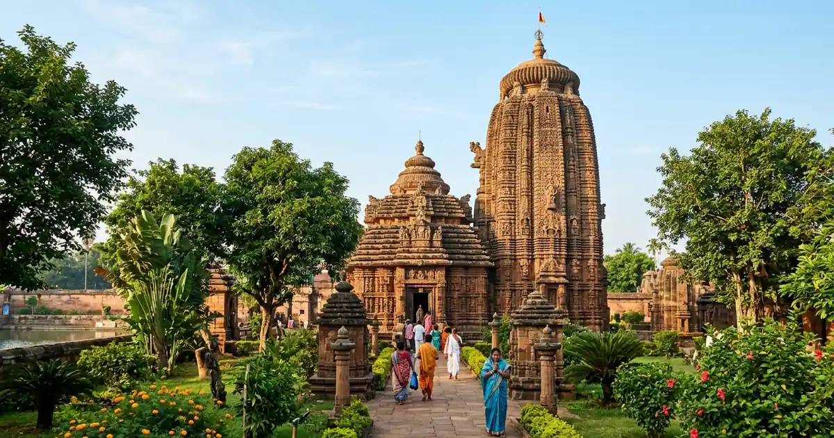 Illustrative carved stone temple tower and courtyard at Ananta Basudev Temple in Bhubaneswar