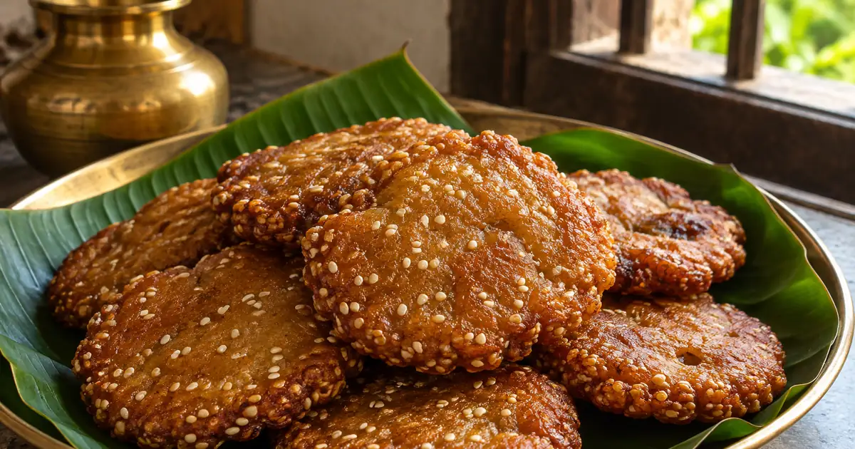 Crisp handmade Arisha Pitha with white sesame seeds on a leaf-lined plate