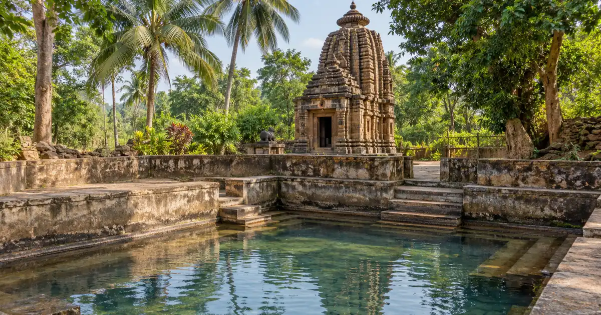 Stone bathing pool and Hatakeswar shrine among trees at Atri hot spring
