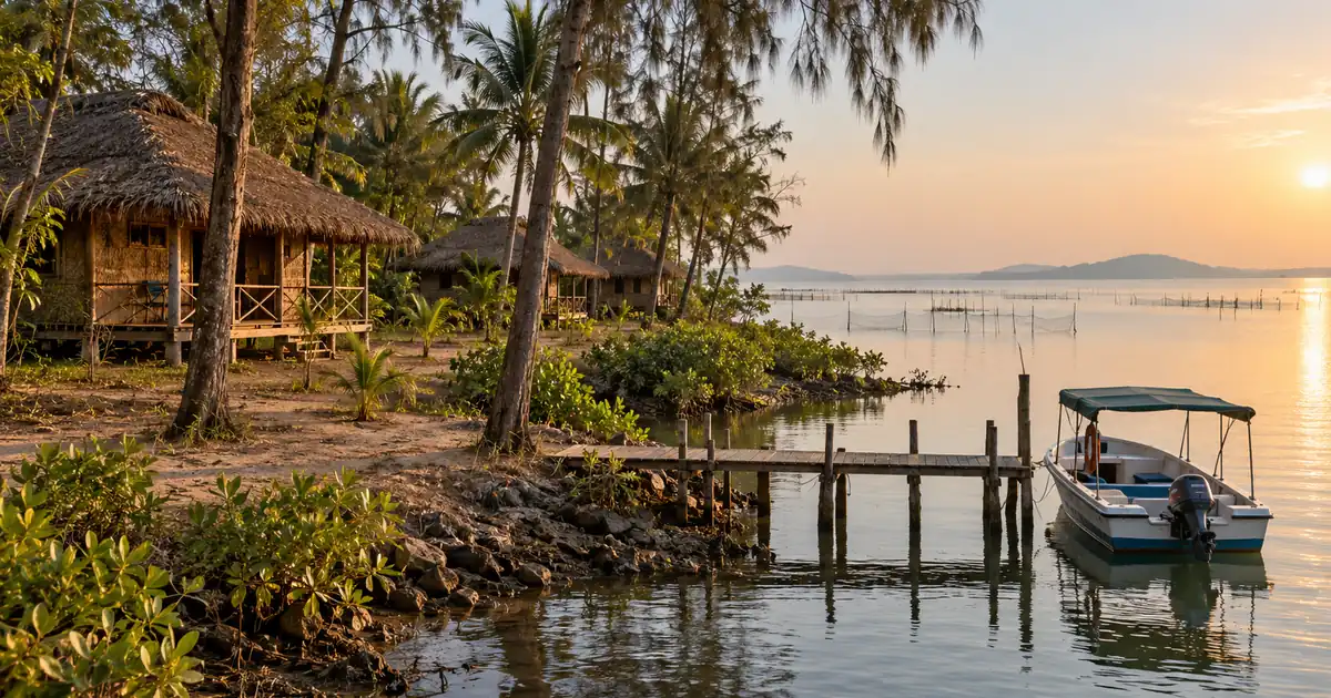 Thatched eco-cottage, jetty and boat at Berhampura Nature Camp on Chilika