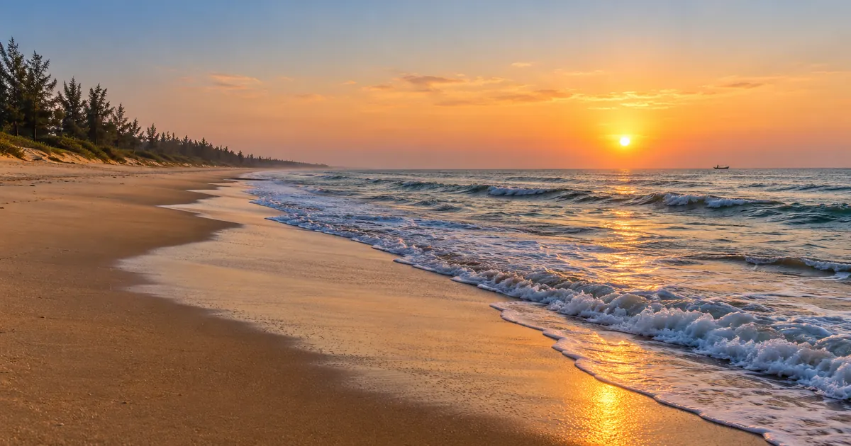 Illustrative sunrise over surf on Chandrabhaga’s sandy shoreline