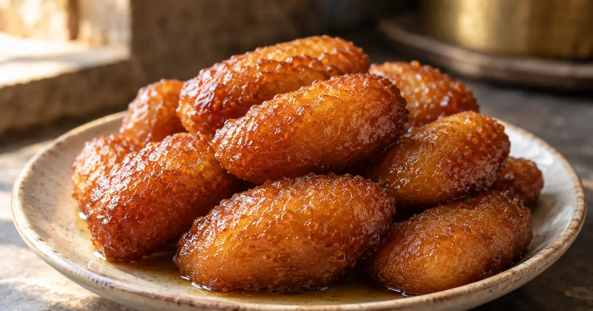 Golden syrup-glazed Chhena Jhilli on a simple plate