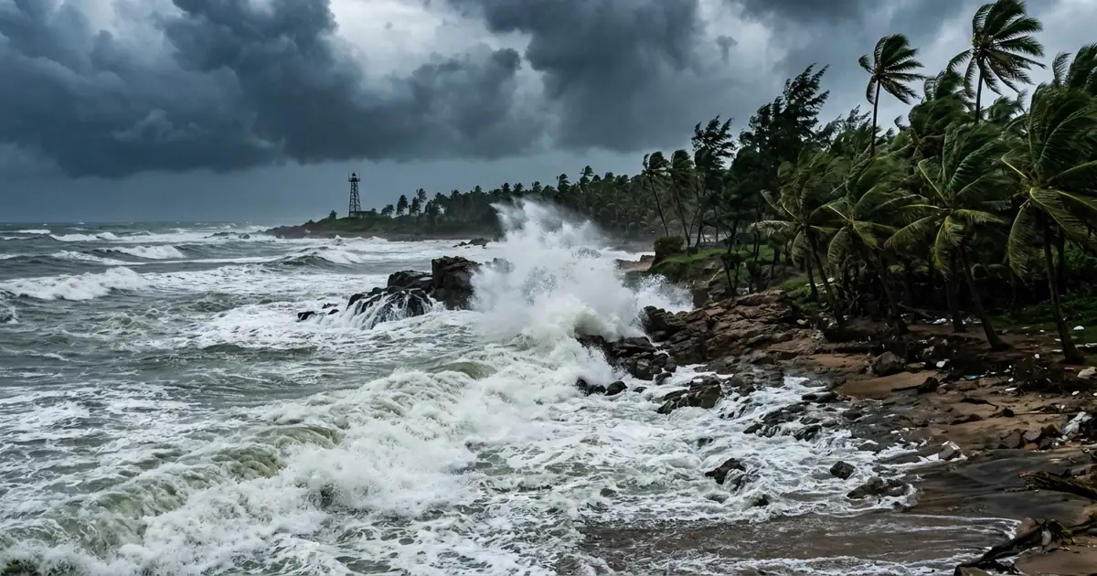 Dramatic coastal storm clouds and rough sea surf along the southern Odisha coast under cyclonic weather