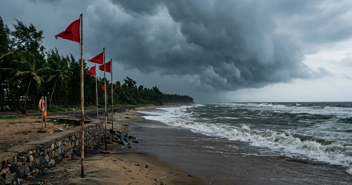 Coastal storm clouds gathered over the Bay of Bengal shoreline in Odisha with warning flags
