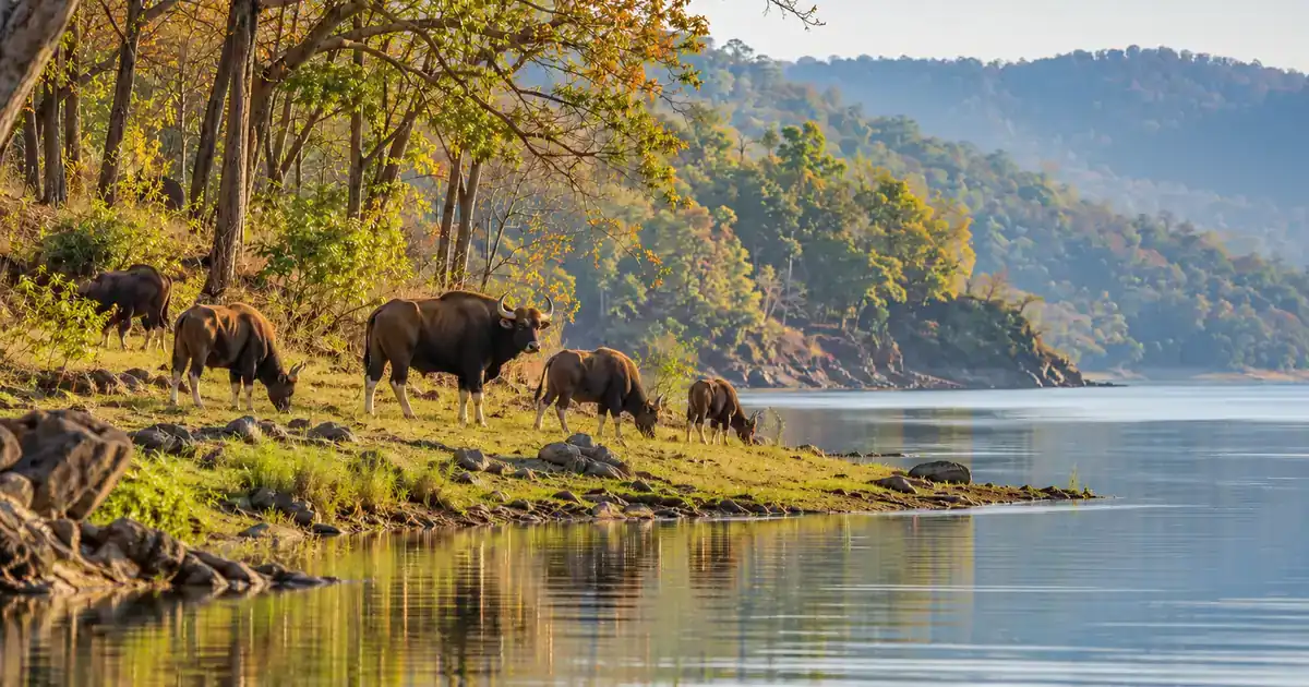 Illustrative gaur grazing at the forested edge of Hirakud Reservoir in Debrigarh