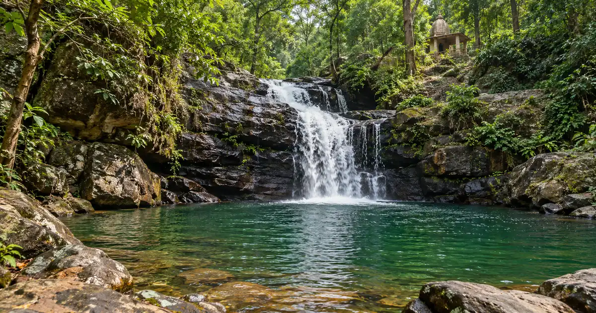Illustrative forest waterfall flowing into a natural pool below a small hill shrine