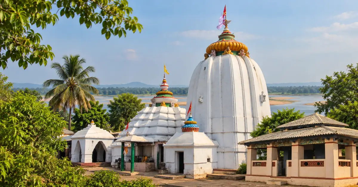 Dhabaleswar Shiva Temple on Mahanadi island with suspension bridge