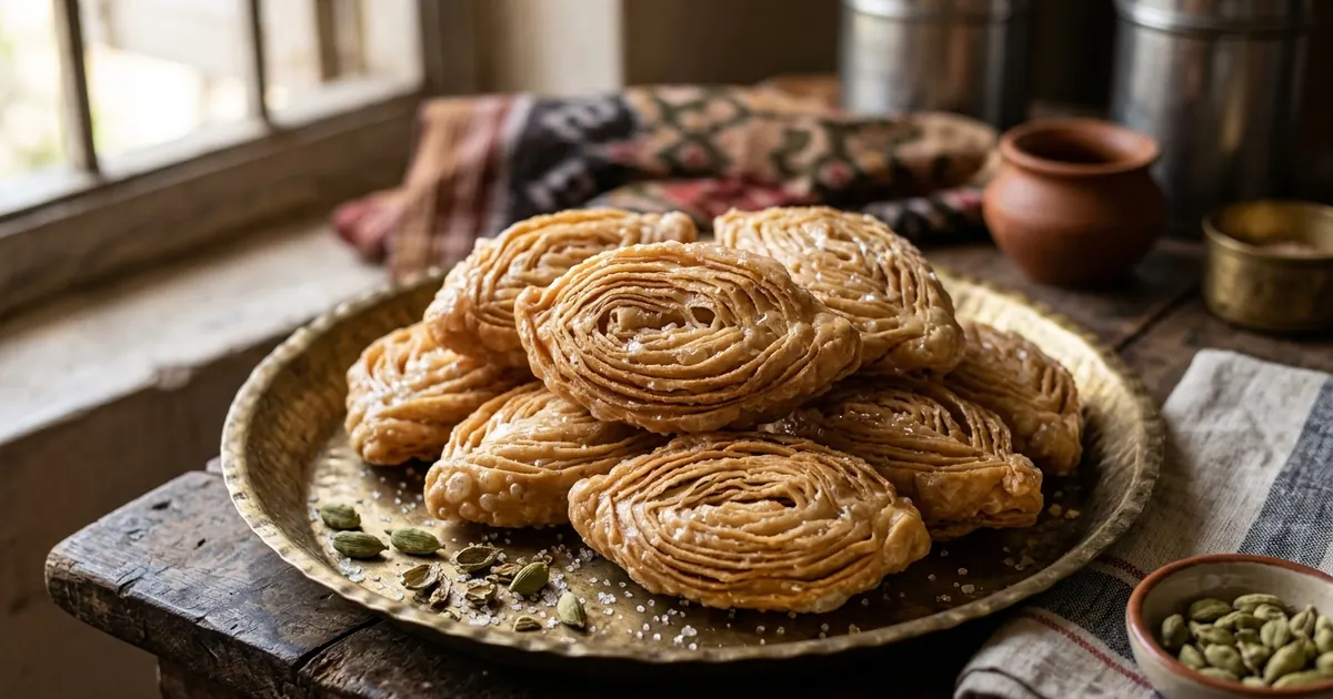 Golden multi-layered Puri Feni Khaja sweet pastry on an authentic brass platter