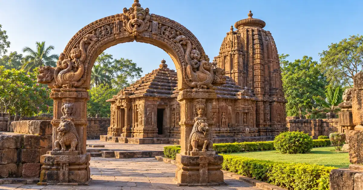 Illustrative carved torana framing a sandstone shrine courtyard