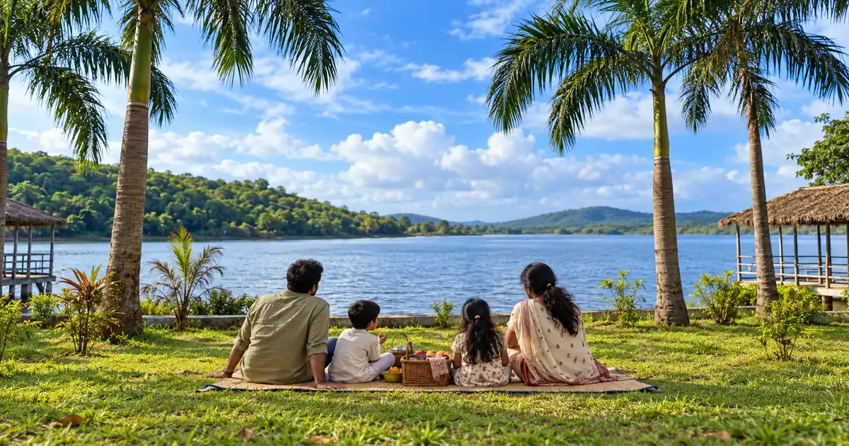 A family picnic beside a quiet lake in Odisha