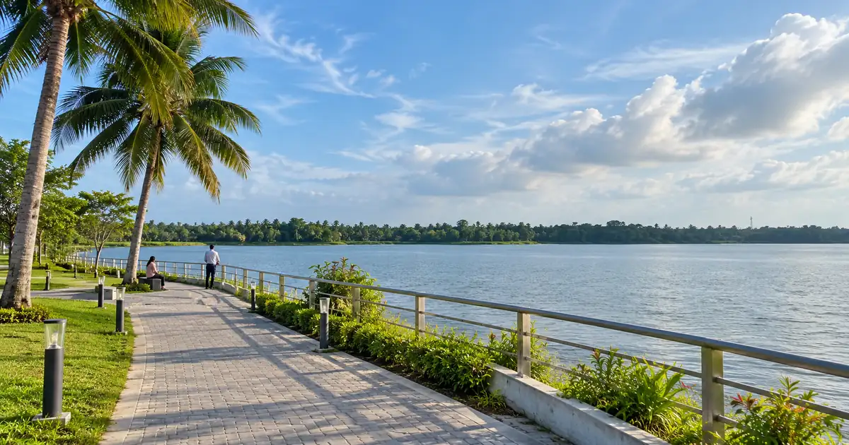 Visitors walk beside the water along Tampara Lake near Berhampur