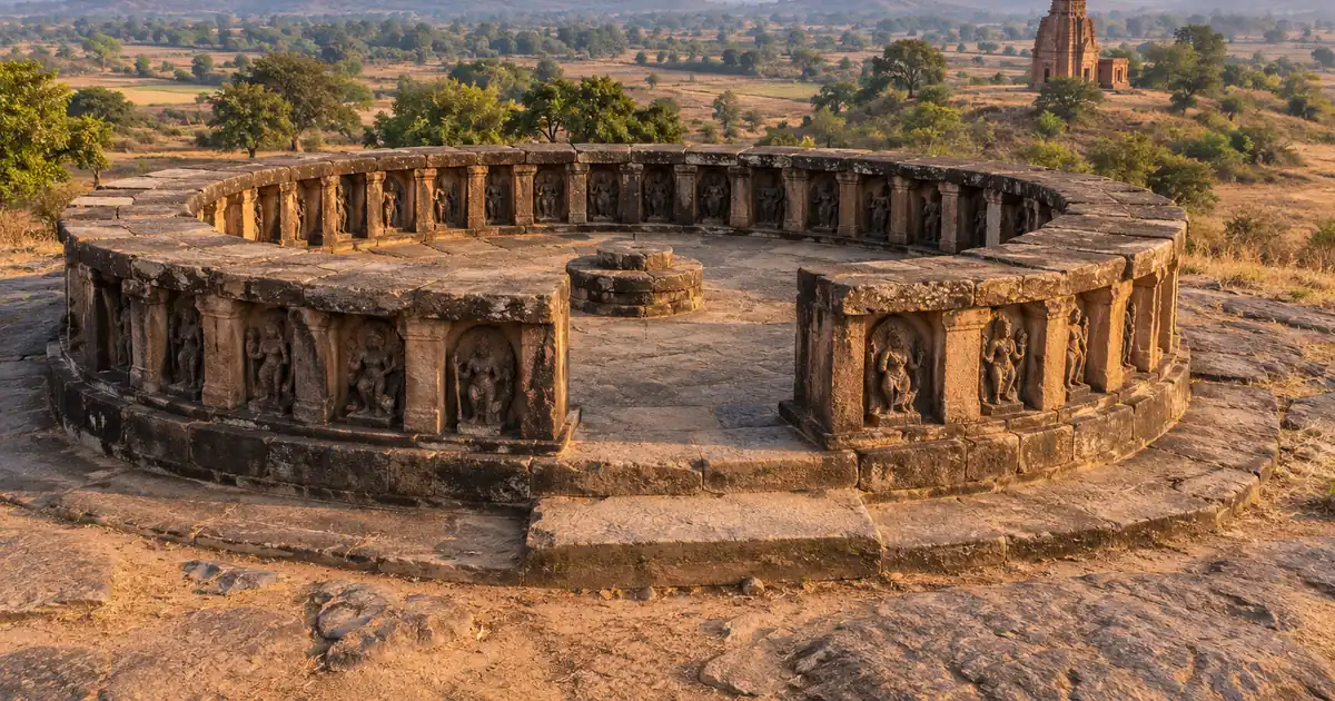 Open-air circular sandstone shrine of the 64 Yogini temple at Ranipur Jharial