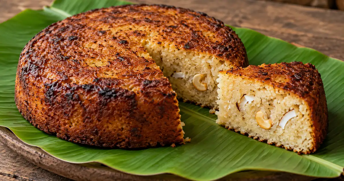 Caramelized rice poda pitha slice showing coconut bits and jaggery crumb