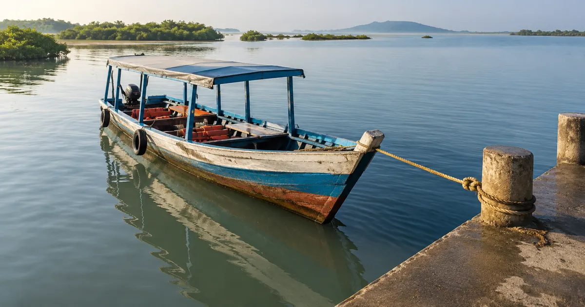 Wooden passenger boat at Satapada jetty on the calm waters of Chilika Lake