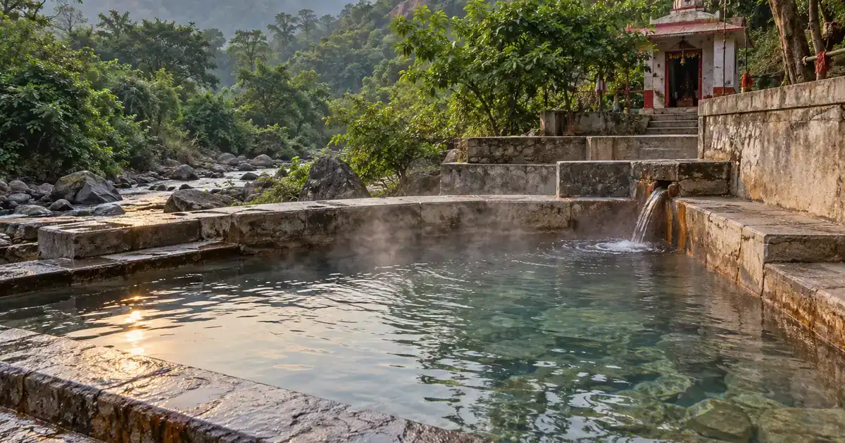 Stone bathing kund and small shrine among the forested hills at Taptapani