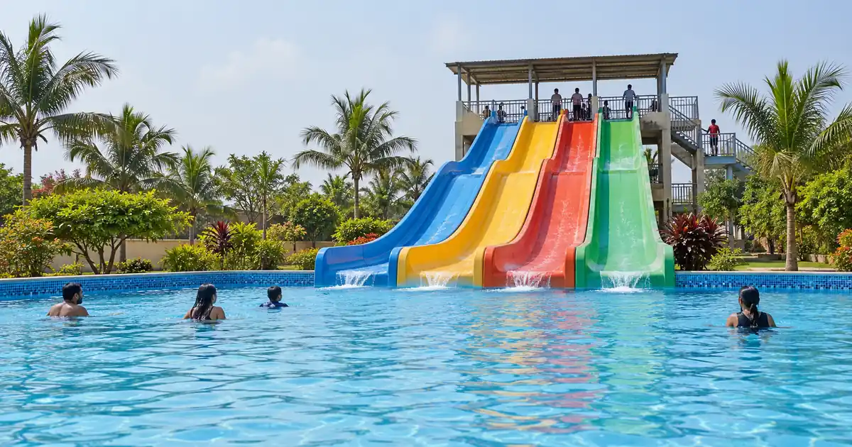Multicolored open slides descending into a blue water park pool