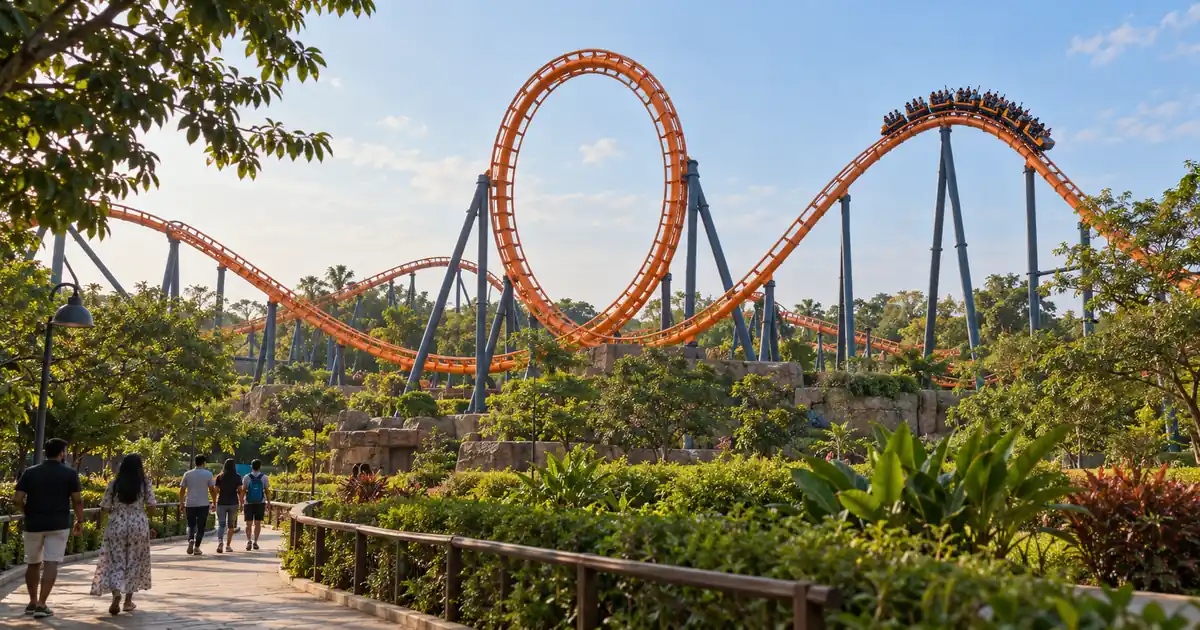 Visitors walking beneath a large orange looping roller coaster