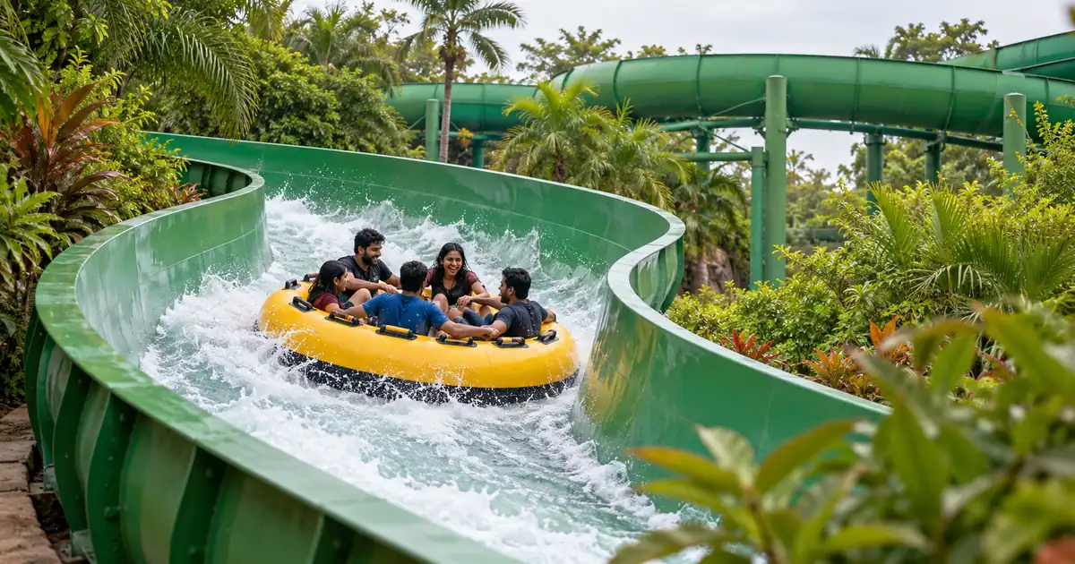 Yellow raft carrying riders through a green water flume