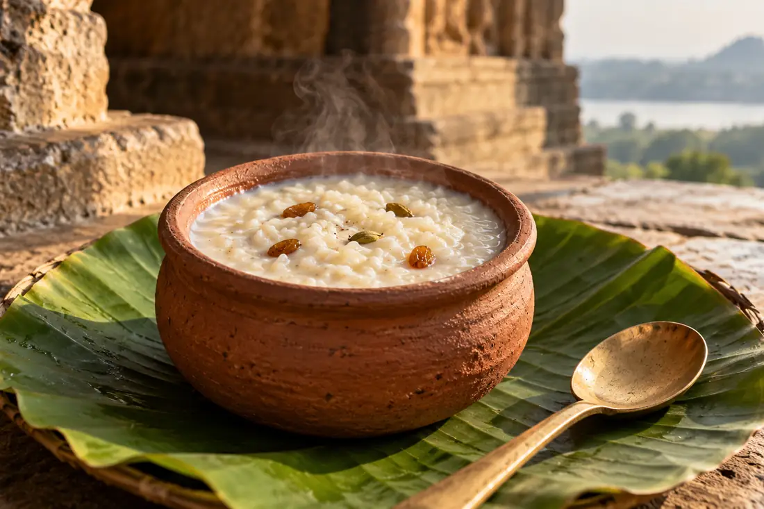 Earthen pot of rice kheer served beside a banana leaf