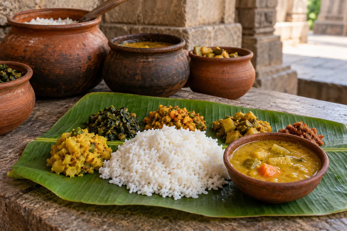 Illustrative earthen pots beside an Abadha meal served on a banana leaf