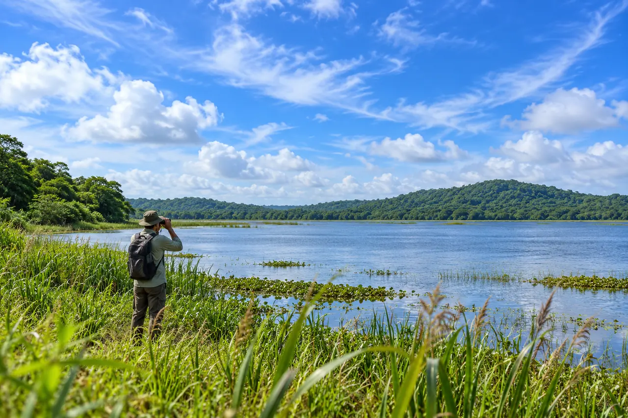 Visitors watch birds across the reed-lined water at Ansupa Lake