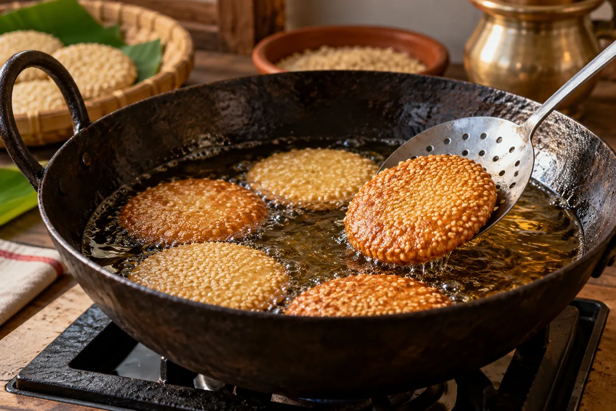 Sesame-coated Arisha Pitha discs frying gently in ghee