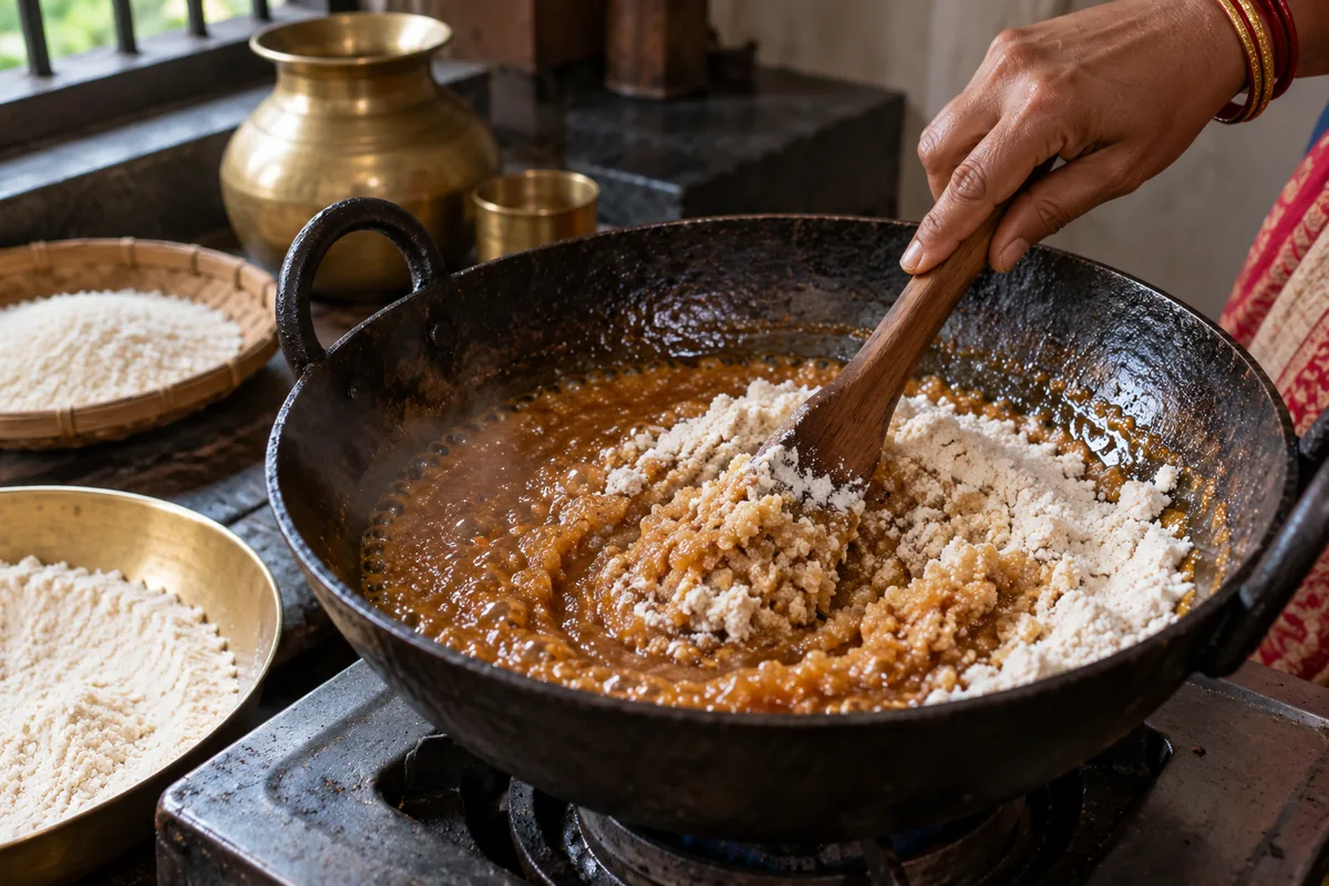 Rice flour being stirred into jaggery paaka in a heavy kadai
