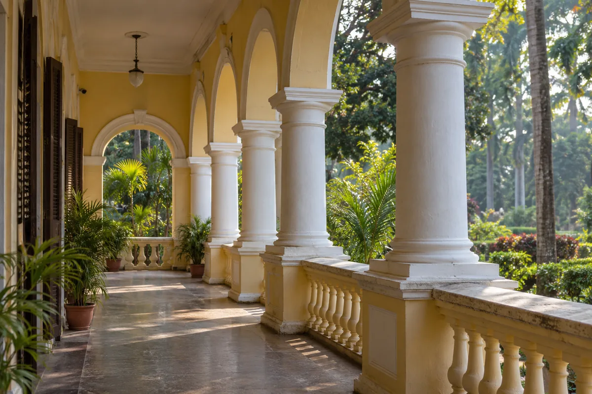 A shaded verandah at Belgadia Palace with warm yellow walls, white columns, and garden views