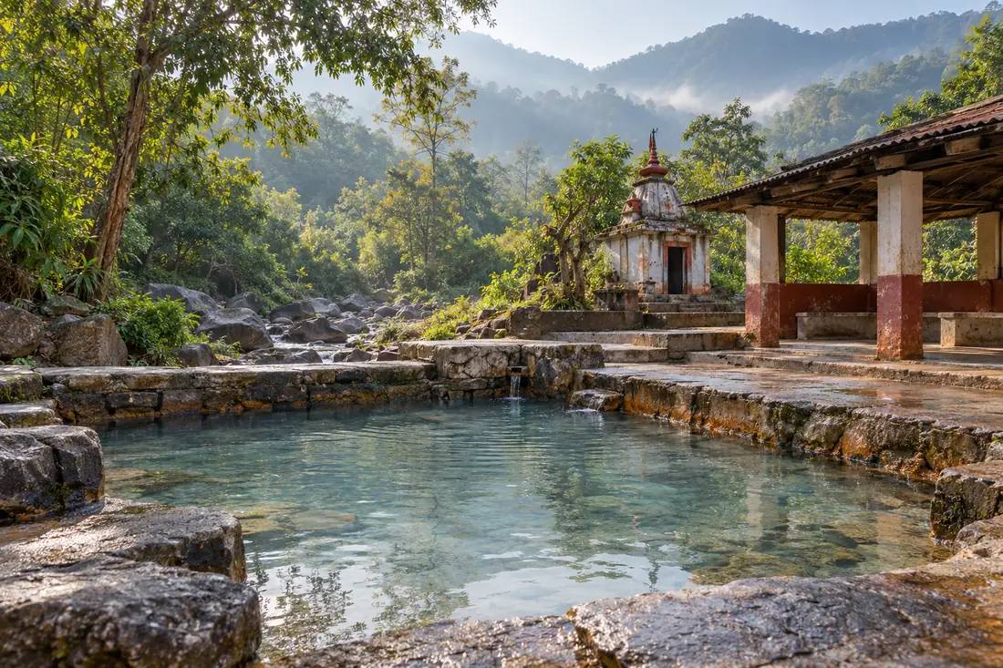 A bathing pool sits among forested hills at Taptapani hot springs