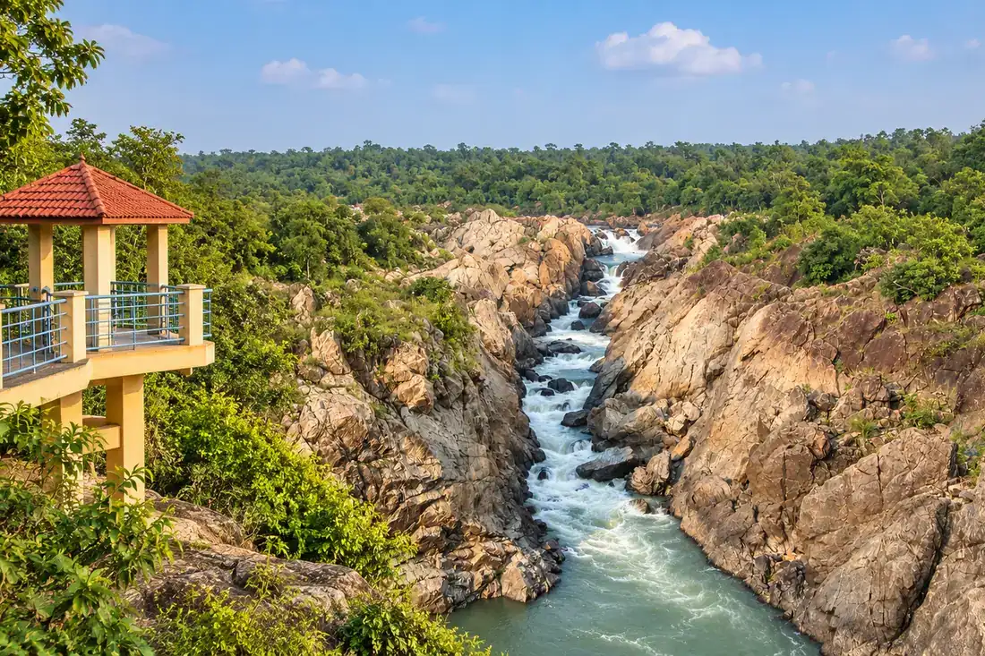 A lookout platform overlooks the rocky Baitarani channel at Bhimkund