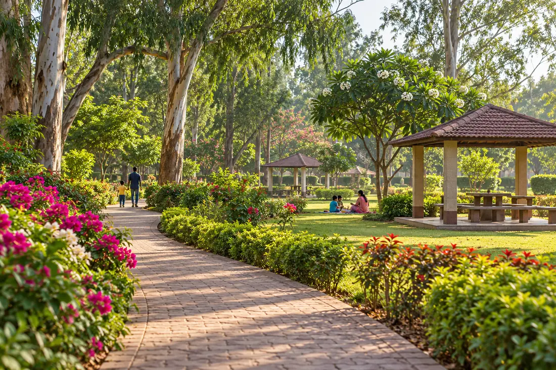 A paved garden path winds between flowering shrubs and shaded pavilions