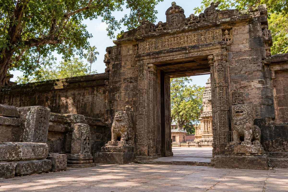 Illustrative carved stone gateway opening into a temple courtyard