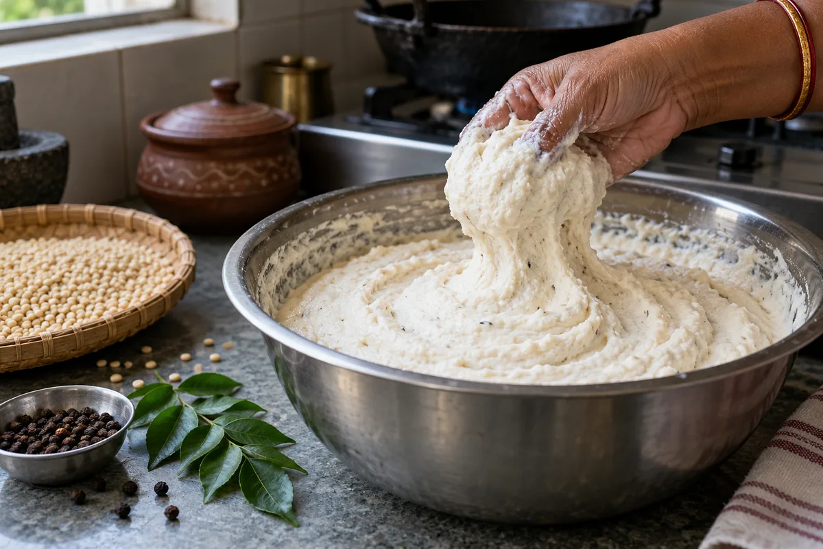 Aerated urad dal batter lifted to show its thick texture