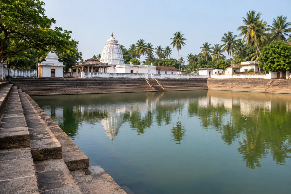 Illustrative stepped masonry tank beside white shrine buildings and coconut palms
