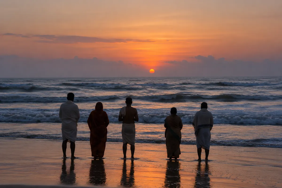 Illustrative view of a small group watching sunrise at the shoreline