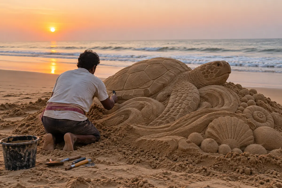 Illustrative scene of an artist shaping a sand sculpture on a beach