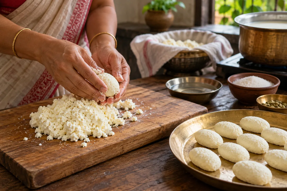 Hands shaping fresh chhena into small oblong jhillis