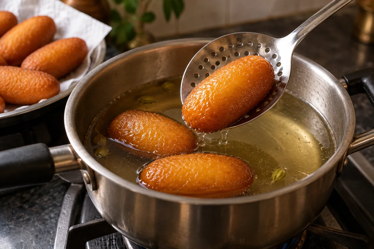 Golden Chhena Jhilli being lowered into sugar syrup