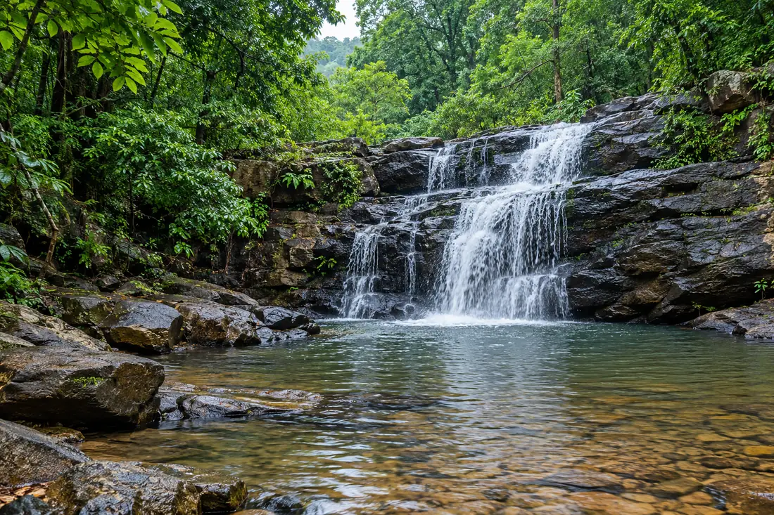 A forest cascade spills over dark rocks into a clear pool at Deojhar