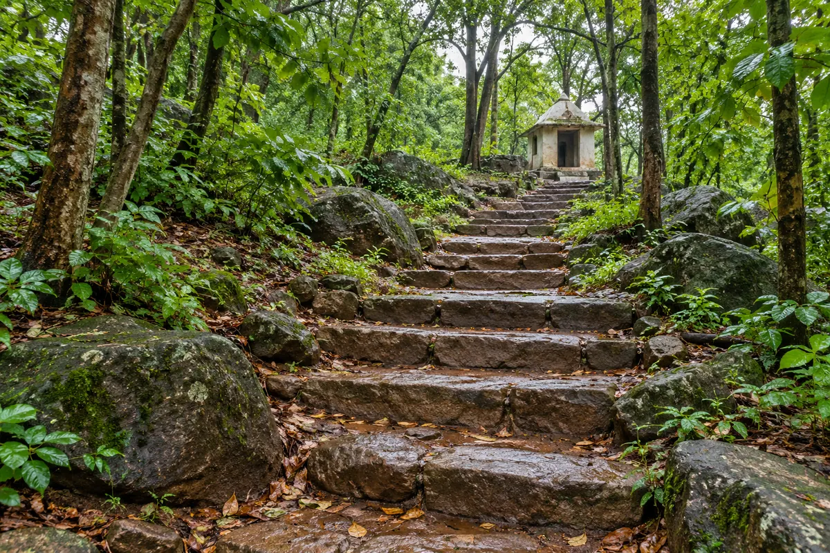 Illustrative stone steps rising through forest toward a small hill shrine