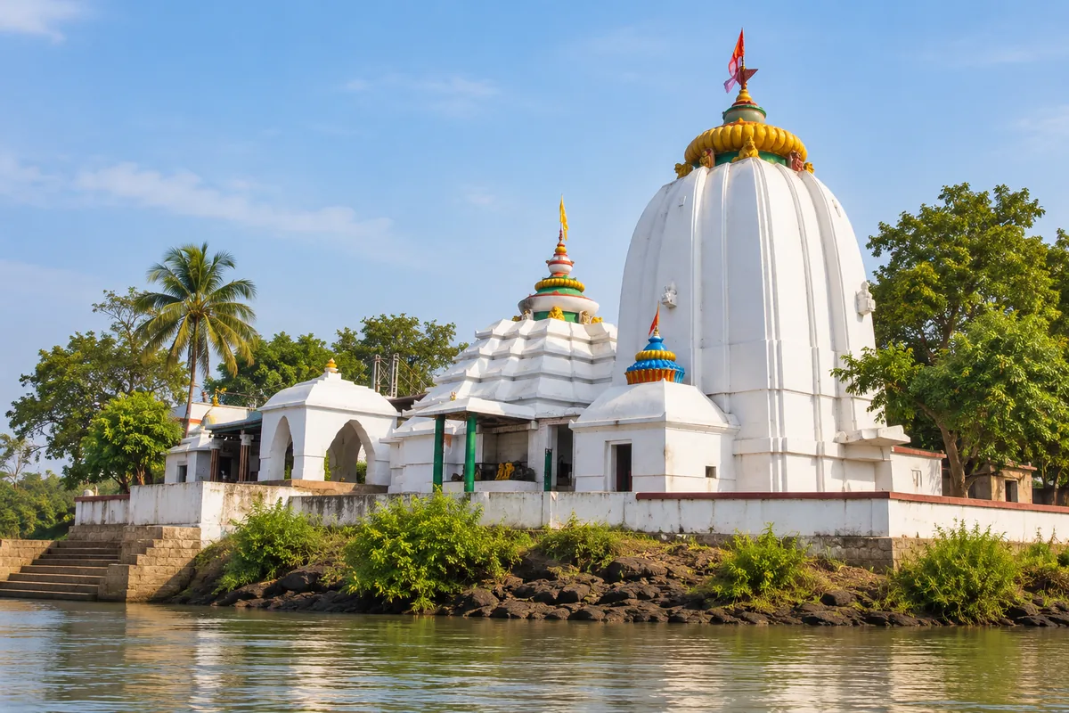 Illustrative close view of the white temple sanctuary on Dhabaleswar island