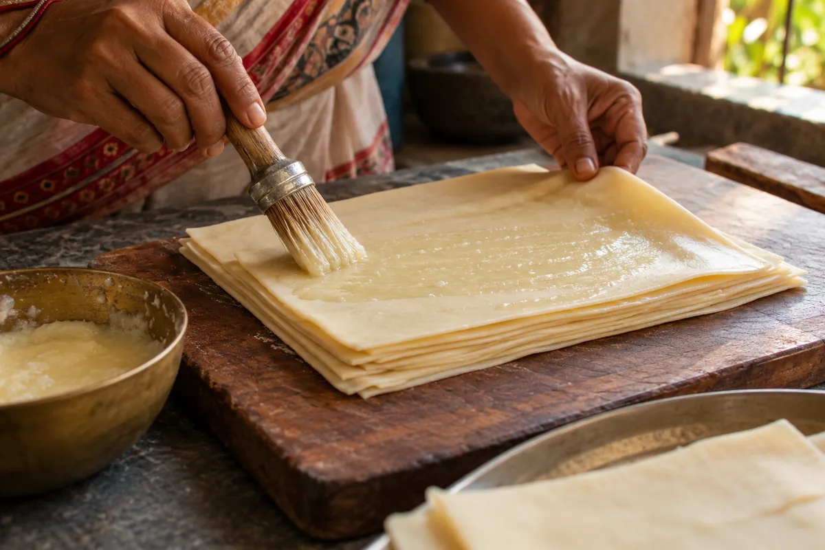Thin dough sheets brushed with satta paste and stacked to form flaky Khaja layers