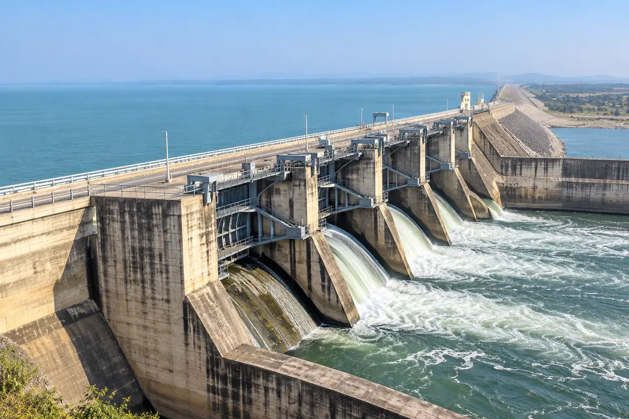 Spillway gates release water below Hirakud Dam
