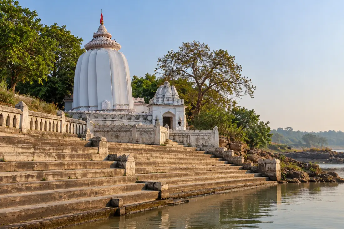 Stone steps descend from Huma Temple to the Mahanadi River