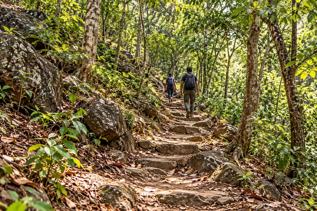 Hikers climb a rocky forest trail toward Khandadhar summit