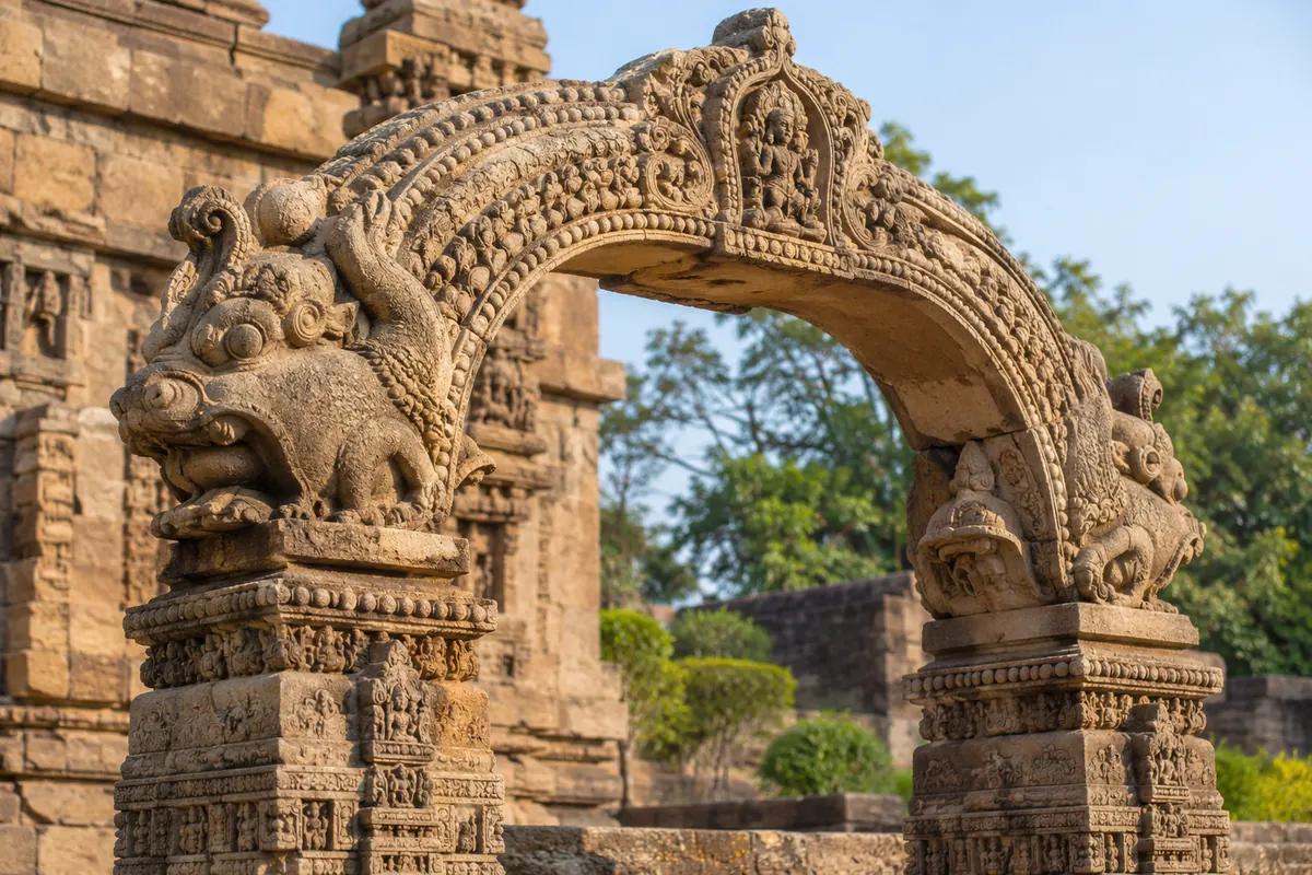 Illustrative close view of a carved stone torana in a temple courtyard