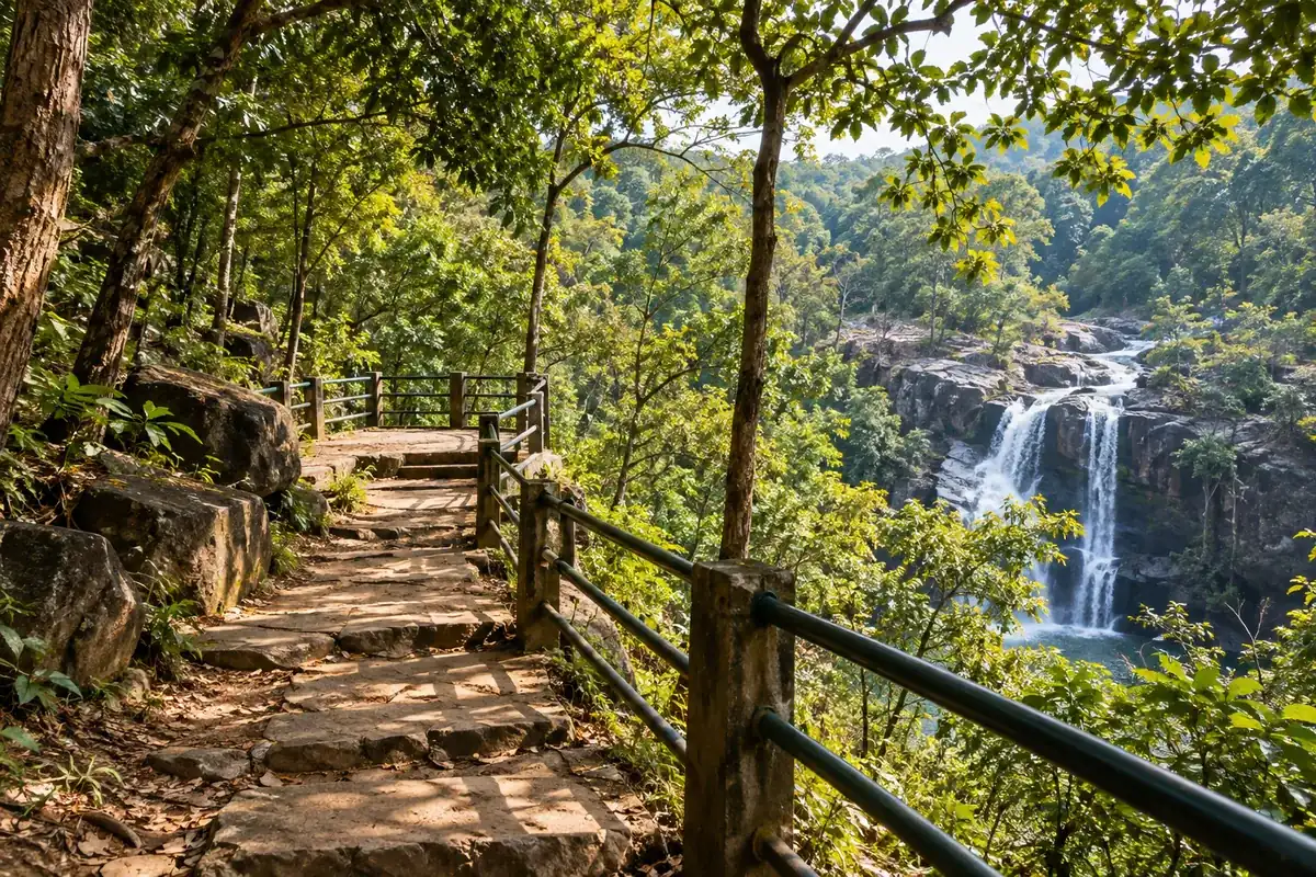 Forest walkway and safe viewpoint near Pradhanpat Waterfall