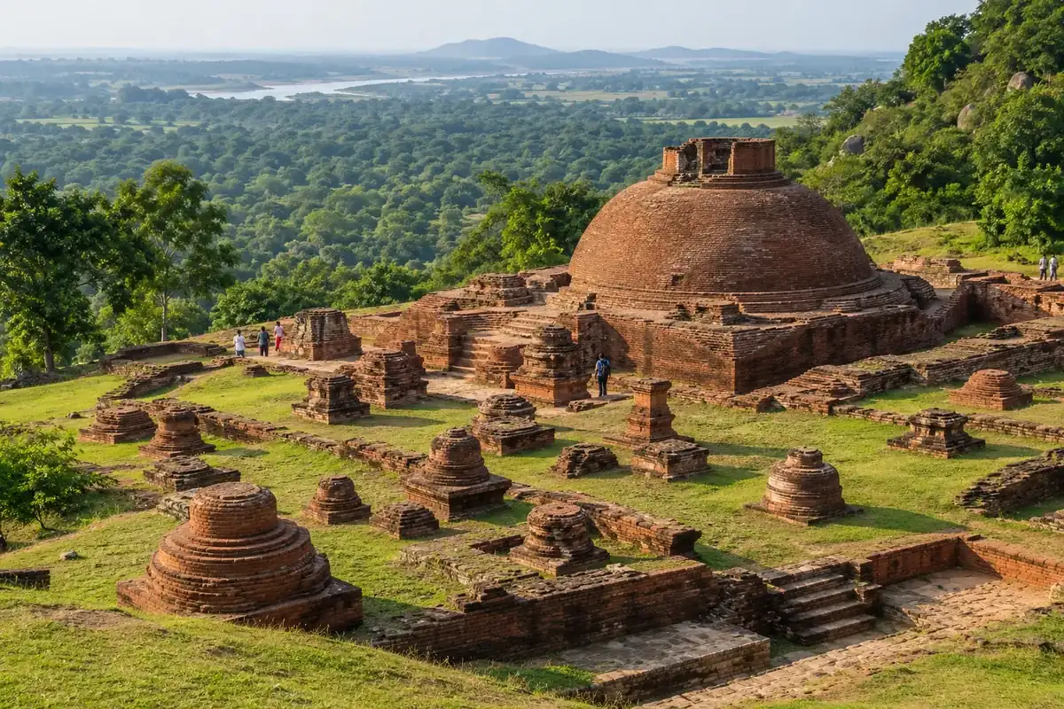 Great Stupa and low votive stupas among the Ratnagiri brick ruins