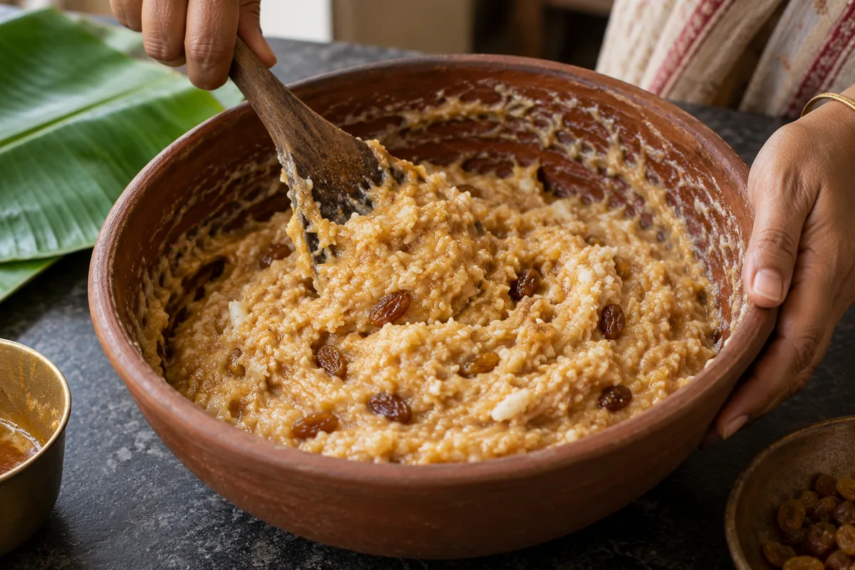 Rice and urad batter mixed with jaggery, coconut, and raisins for Poda Pitha
