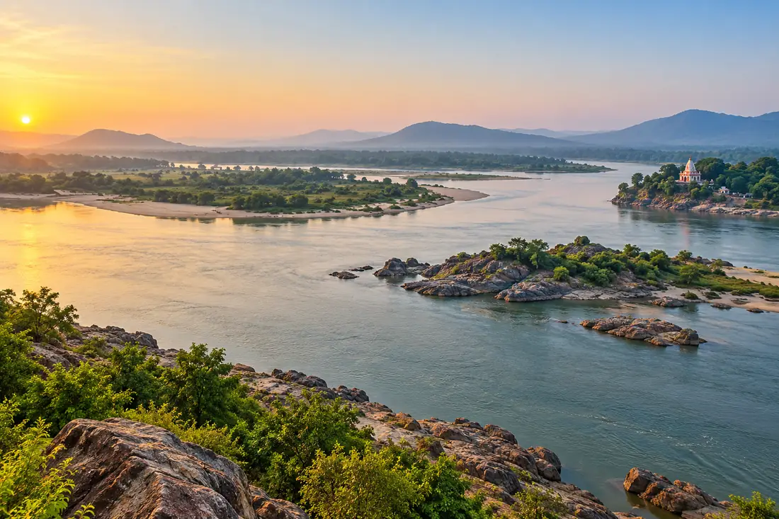 Rivers meet beside a wooded bank at Vedvyas near Rourkela